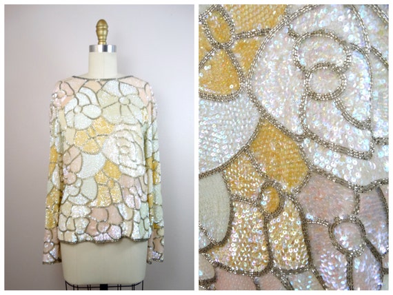 S/M Iridescent Sequined Beaded Ivory Cream Top / … - image 1