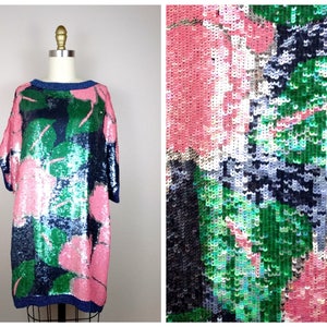 M/L Liquid Sequin Kaftan Dress / Navy Blue Pink and Green Floral Sequined Beaded Oversized Tunic Top or Mini Dress