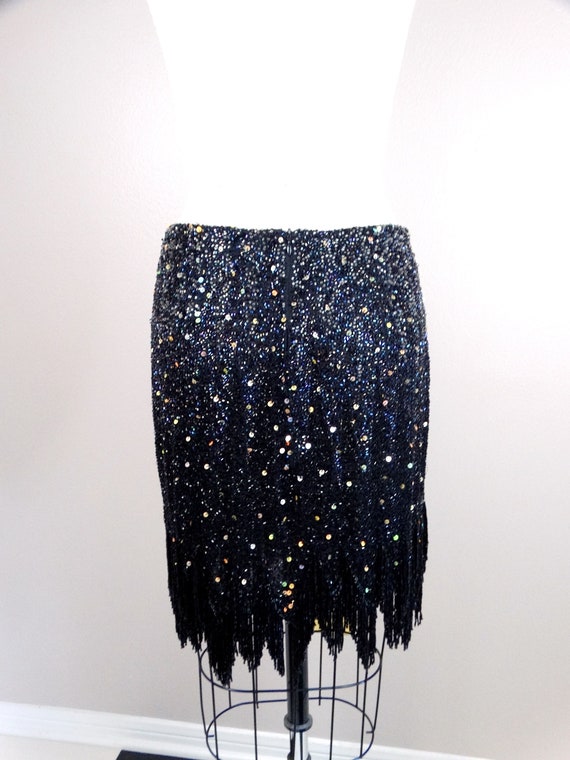 90s Glass Beaded Fringe Sequined Mini Skirt // Fu… - image 4