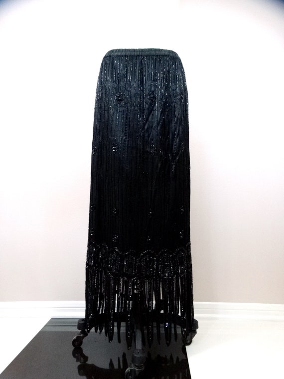 70s Black Lace Beaded 2 pc Fringe Gown // Art Dec… - image 3