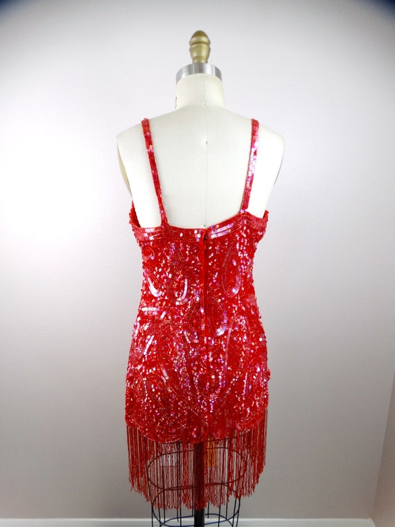 Red Sequin Fringe Beaded Flapper Mini // Vintage … - image 6