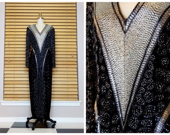 HEAVY Fully Beaded Gown // Art Deco Bead and Sequin Dress // Silver and Black Sequined Gown