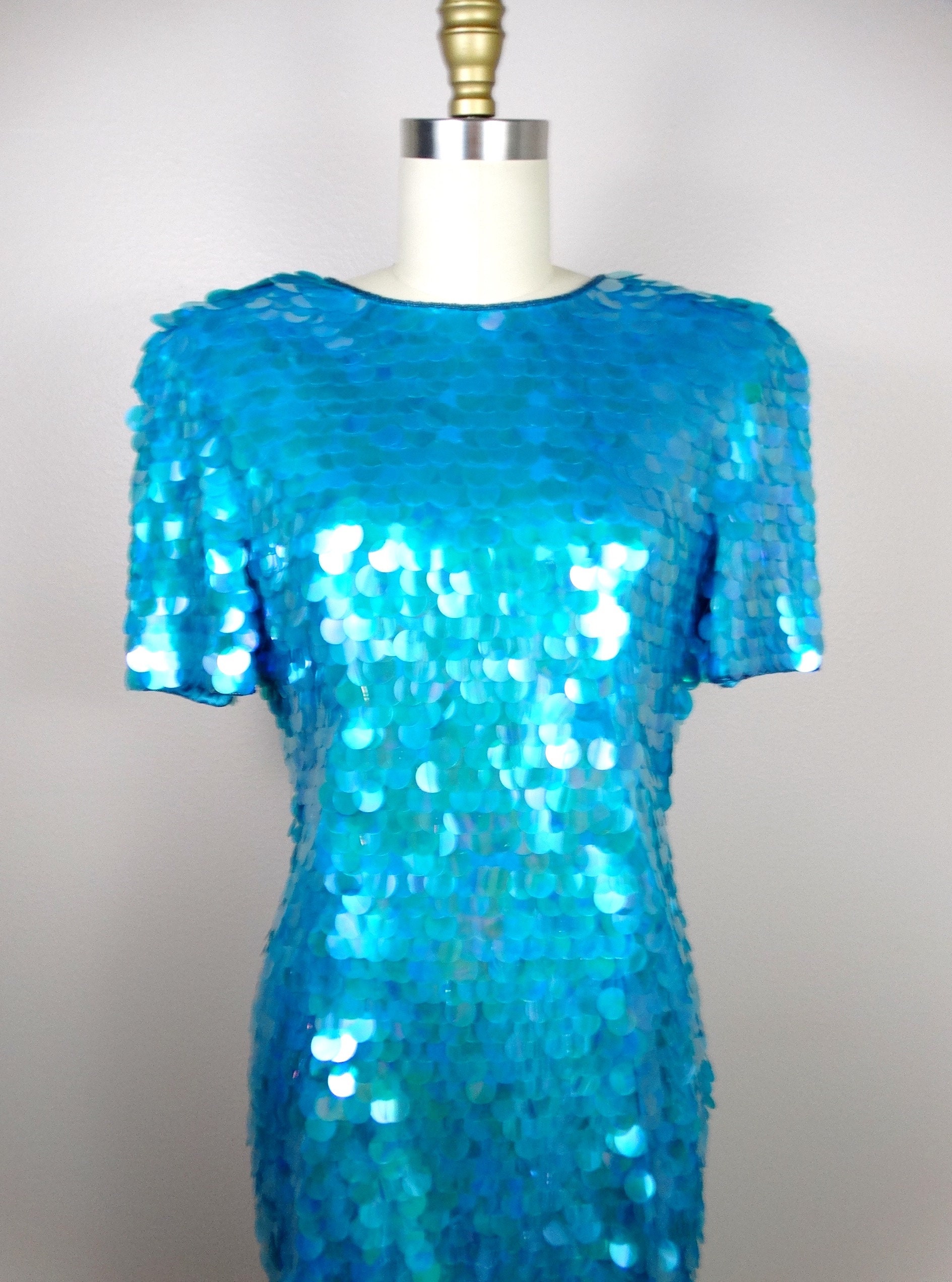 Pastel Blue Paillette Dress Bright Blue Sequin Embellished Dress Paillettes Sequined Party Dress