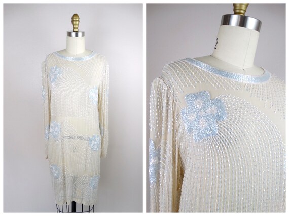 S/M Sheer Beaded Dress Shell / Vintage Ivory Silk Embellished White Dress Slip
