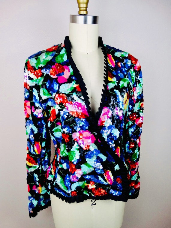 90s Couture Sequined Wrap Top / Bright Floral Seq… - image 2