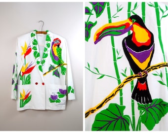 Blazer blanco con escena de loro y tucán vintage funky / Chaqueta pintada con animales salvajes de la selva tropical y paraíso exótico