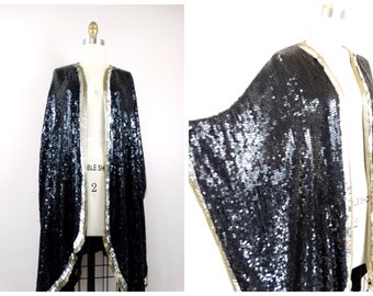 O/S Fully Sequined Beaded Silk Cocoon Poncho Jacket // Black and Silver Sequin Embellished Kimono Kaftan Cape Shrug Cover by Judith Ann