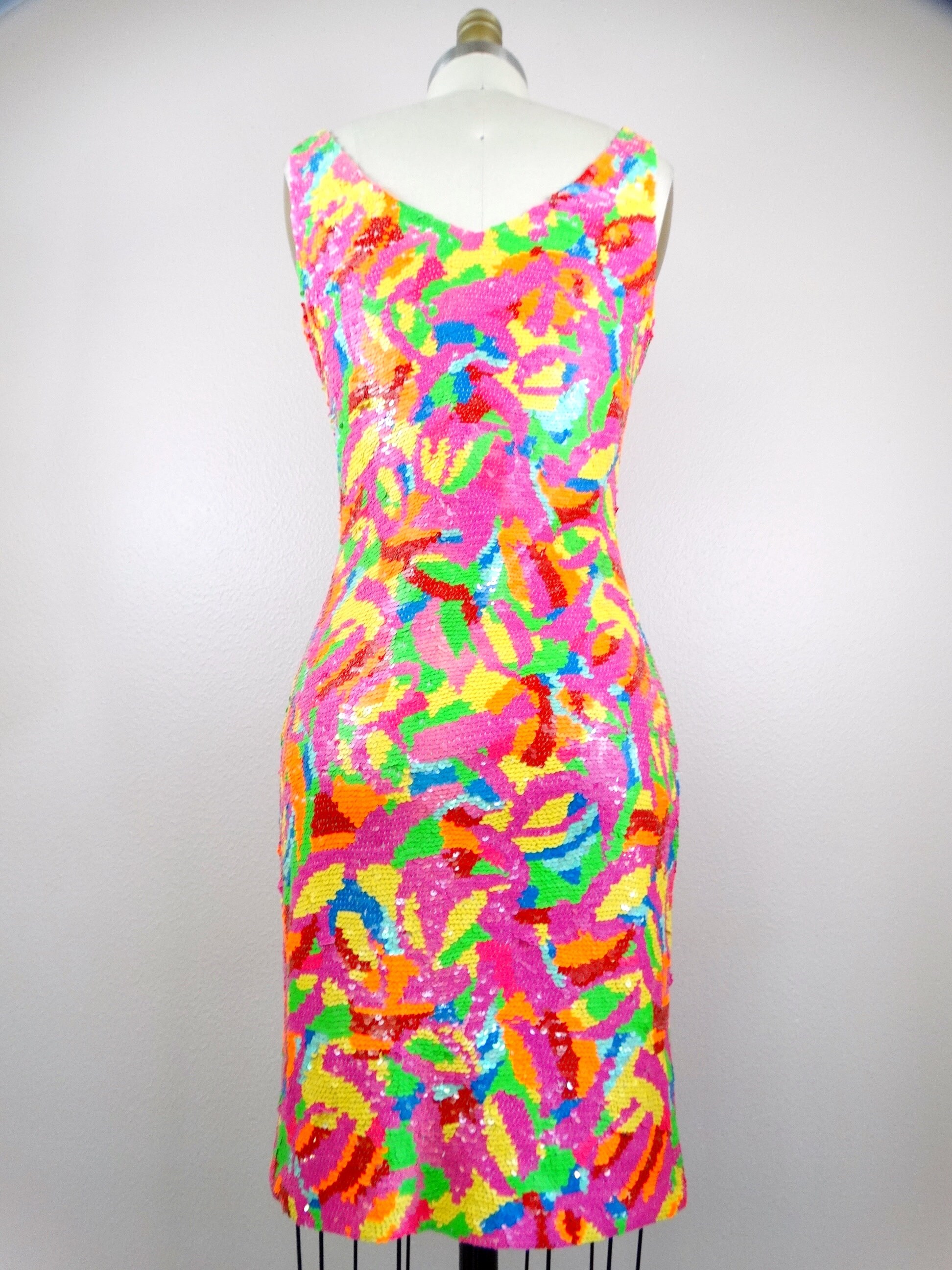 NEON Sequin Dress / Bright Pink Orange Yellow and Green Sequined Mini Dress / Fluorescent Embellished Party Dress