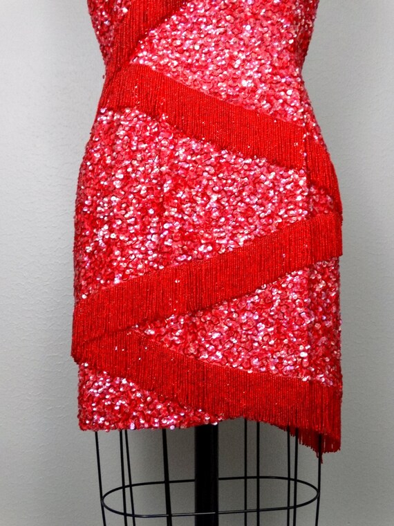 50s 60s Fringe Beaded Mini Dress / Vintage Heavil… - image 3