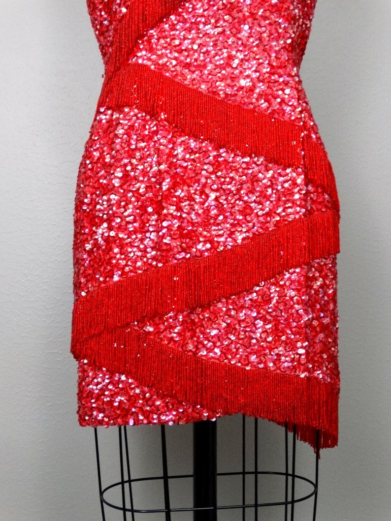 50s 60s Fringe Beaded Mini Dress / Vintage Heavily Beaded Sequined Dress / 1950s 1960s Wiggle Dress / Red Mini Dress image 3