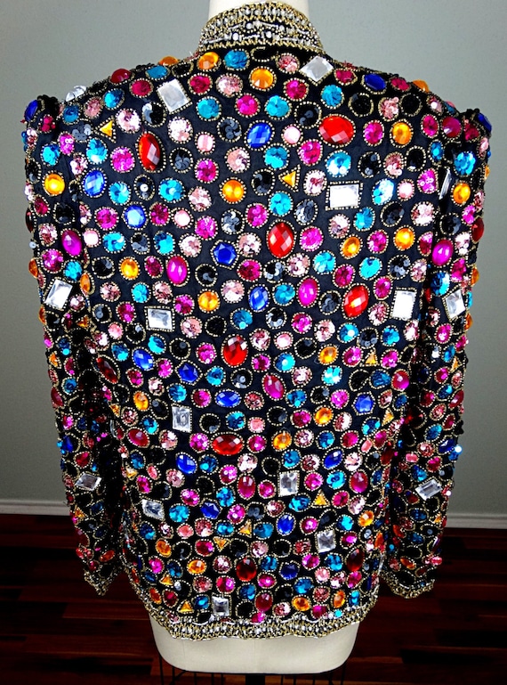HEAVY Jewel Embellished Sequin Trophy Jacket // Rainbow Rhinestone