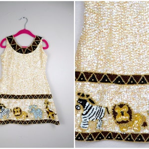 Robe safari à paillettes pour petite fille 3 t/4 t / robe de reconstitution historique vintage à paillettes ivoire irisée pour tout-petit / Lions tigres éléphants girafes zèbres