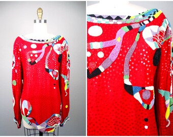 70s Designer Art Sequin Top // Abstract Red Sequined Blouse // 1970's Vintage Couture Confetti Beaded Long Sleeve Sheer Top