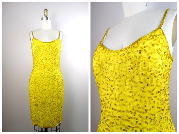 S/M Yellow Silk Beaded Dress / Bright Fully Embell