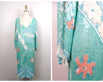 70s 80s Silk Beaded Pastel Sequin Dress / Mint Green Sequined Beaded Gown / Seafoam Pearl Embellished Dress