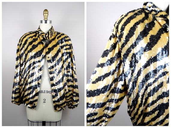 Vintage Tiger Stripe Sequin Bomber Jacket - Animal Print Party Coat