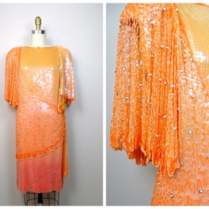 RARE Neon Beaded Sequined Dress / Orange and Yellow Ombré Silk Midi Dress / Bright Sequin Dress