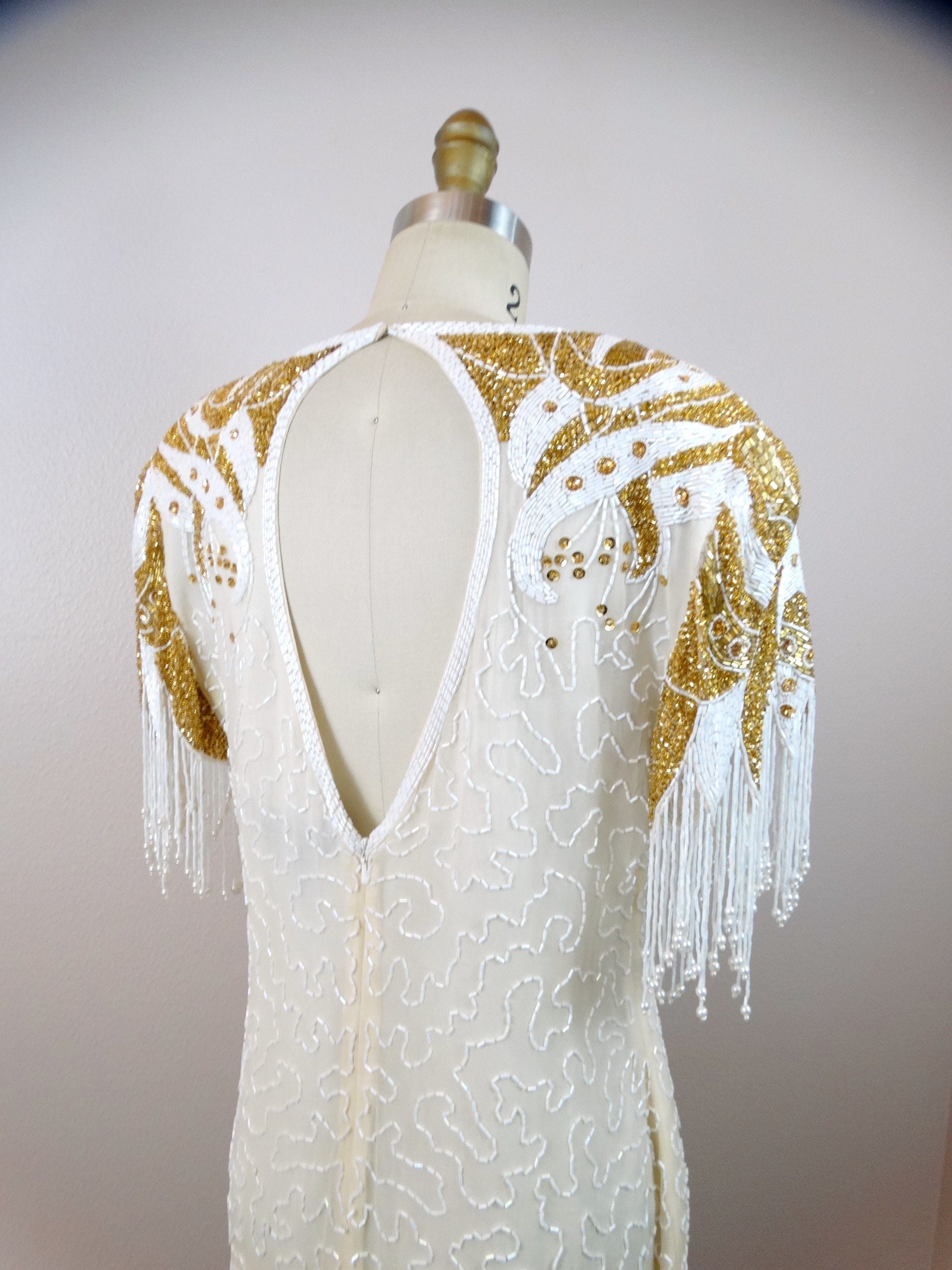 Gold Beaded Pearl Fringe Embellished White Dress / Fringed Sleeves Sequined  Trophy Dress - Etsy