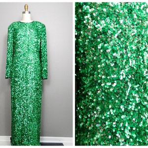 80s 90s Couture Vintage Sequin Gown by Philippe Albert / Kelly Green Full Length All Embellished Silk Dress / Emerald Green Sequined Gown