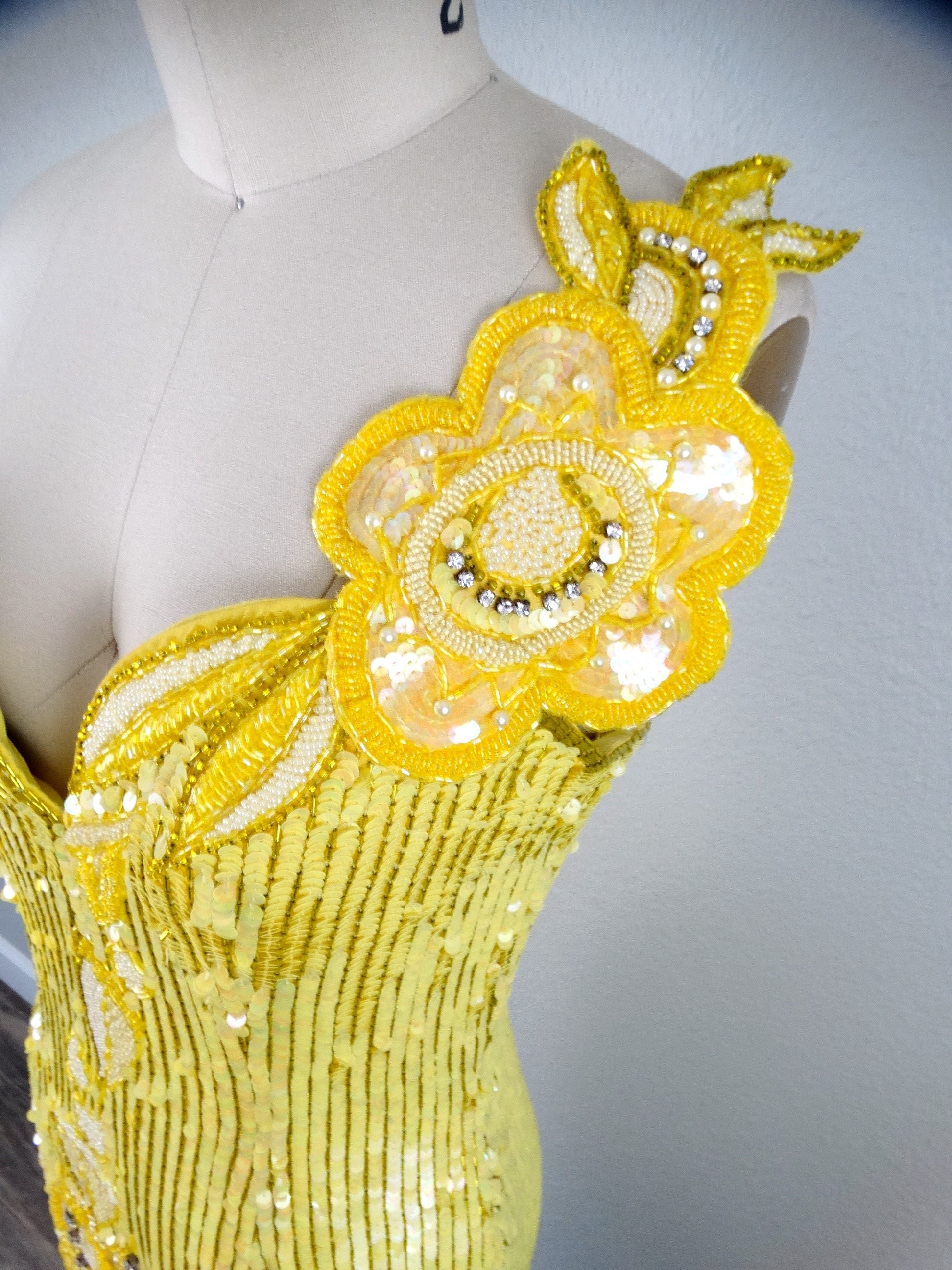 Bright Yellow Sweetheart Sequin Dress // Floral Shoulder Sequined Fringe  Beaded Bustier Mini Dress - Etsy