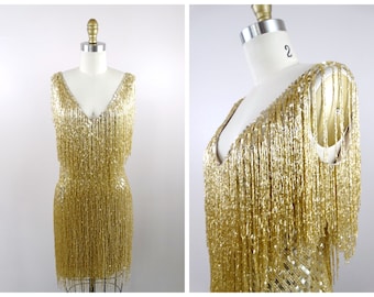 All Over Fringe Beaded Sequin Dress // Fringed Gatsby Flapper Dress // Gold Embellished Mini Dress // Couture Beaded Fringe Dress