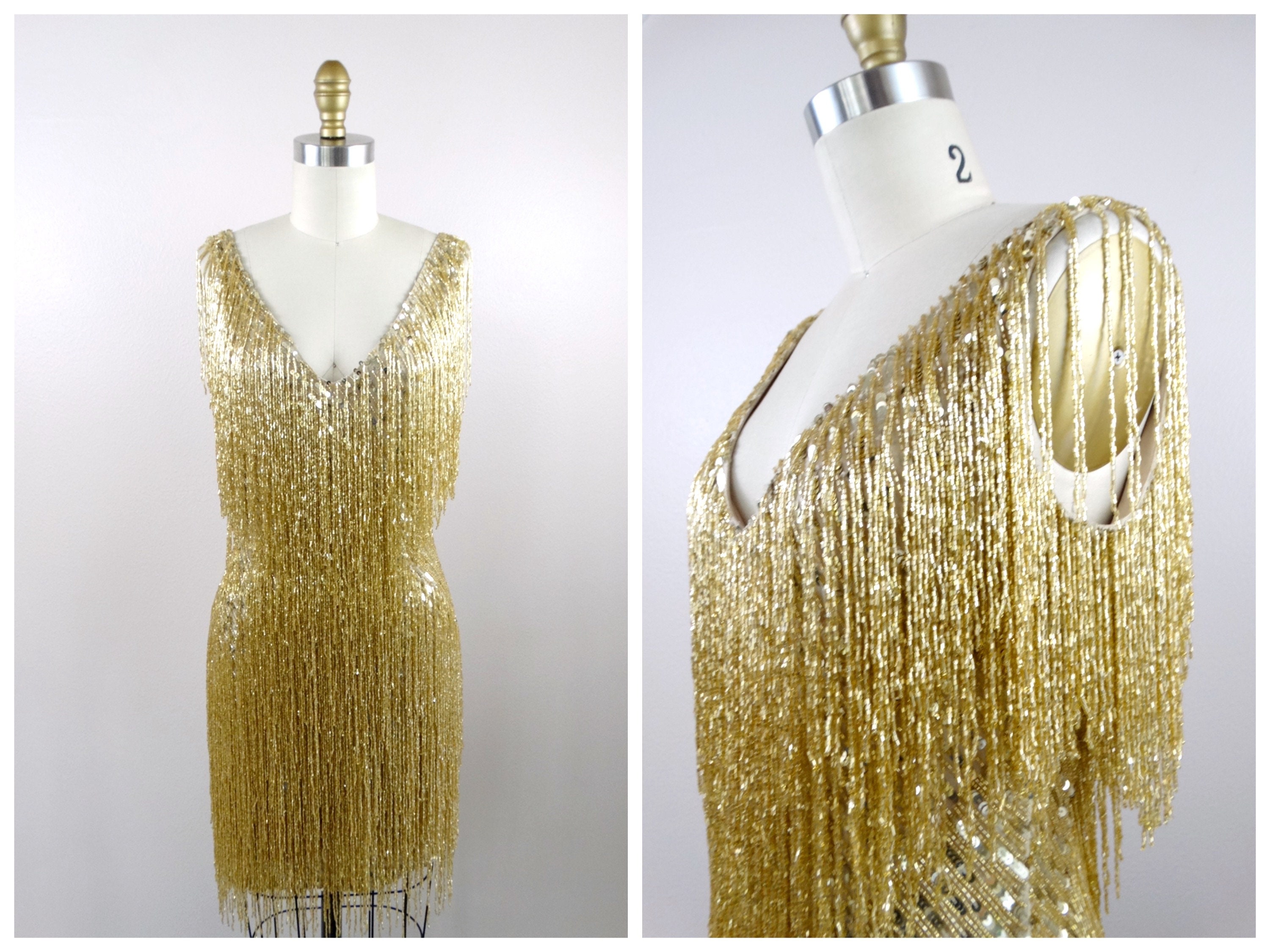 Gold Sequin Fringe Wrap Dress / New Years Eve / Holiday 2020 Midi