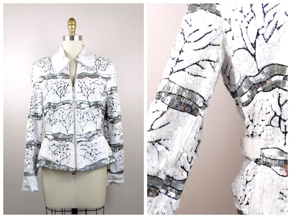 S/M White Sequin Beaded Zipper Jacket // Retro Fully Sequined Bomber Jacket