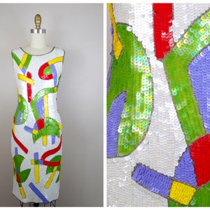 XS/S Geometric Sequin Glam Dress / 90s Retro Bright Sequined Party Dress US Size 2