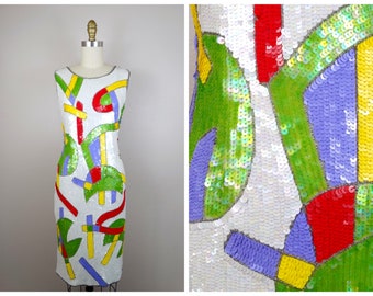 XS/S Geometric Sequin Glam Dress / 90s Retro Bright Sequined Party Dress US Size 2