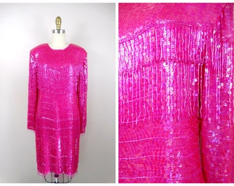 80s Bright Pink Fringe Beaded Dress / 1980's Sequin Dress