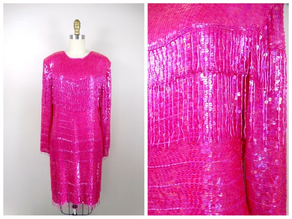 M/L Bright Pink Fringe Beaded Dress // 1980s Silk… - image 1