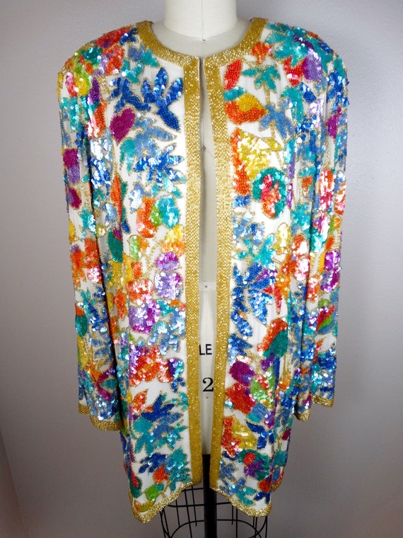 Colorful Pastel Sequin Long Cardigan / Vintage Em… - image 2