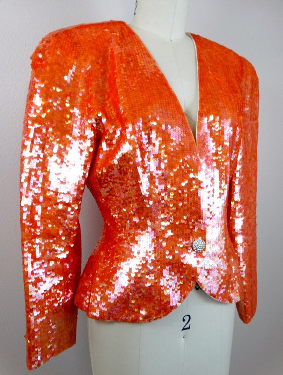 S/M Orange Sequin Blazer // Bright Sequined Vinta… - image 3