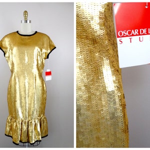 RARE Couture Sequin Dress / Metallic Matte Gold Pleated Ruffle Hem Dress by Oscar de la Renta - Deadstock Vintage w/ Original Tags