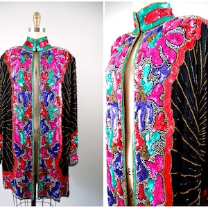 SPARKLING Retro Sequined Duster Coat / Pink Purple & Red Art Deco Jacket / Bright Sequin Embellished Open Kaftan