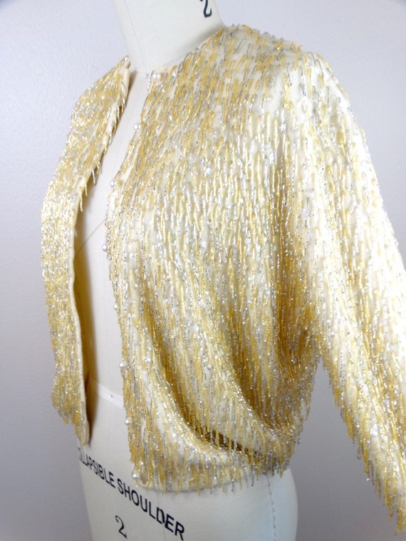 50s Fringe Beaded Cropped Sweater / 1950's 1960’s… - image 2