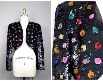 Designer Beaded Sequined Bolero Jacket / Polka Dot Beaded Sequin Embellished Cropped Jacket / Vintage Glam Shrug