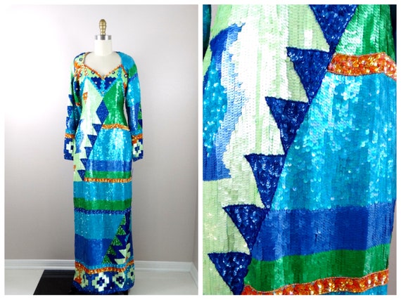 80s Geometric Sequin Dress // Retro Vintage Sequi… - image 1