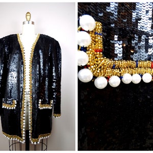 EXTRAVAGANT Black Sequin Jacket // Ornate Oversized Pearl Beaded Dress Coat // Fully Sequined Silk Evening Jacket