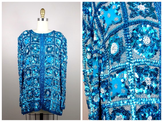 L/XL Fully Sequined Hand Beaded Jacket // Bright … - image 1