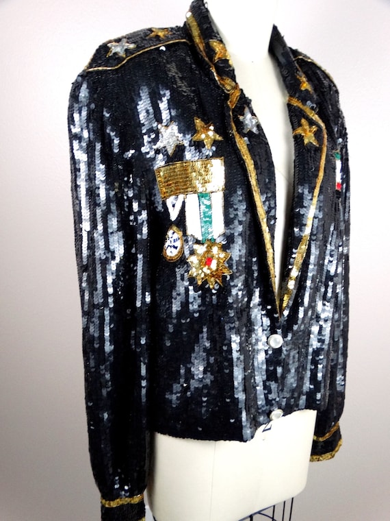 Military Style Sequin Jacket // 80s Star Bomber J… - image 3
