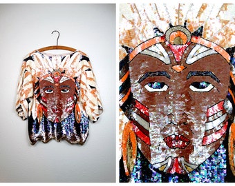 RARE 80s Vintage Sequin Top / Native American Indian Headdress Sequined Silk Top / One of a Kind Handmade Wearable Art