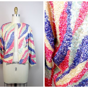 50s Sequin Embellished Cardigan / 1950s 1960s Iridescent Pink Purple and Yellow Pastel Sequined Vintage Sweater Jacket Shrug image 1