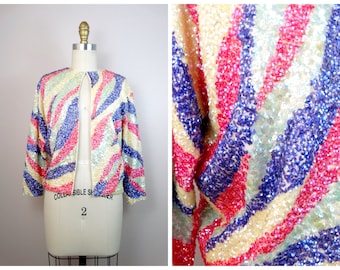 50s Sequin Embellished Cardigan / 1950s 1960s Iridescent Pink Purple and Yellow Pastel Sequined Vintage Sweater Jacket Shrug