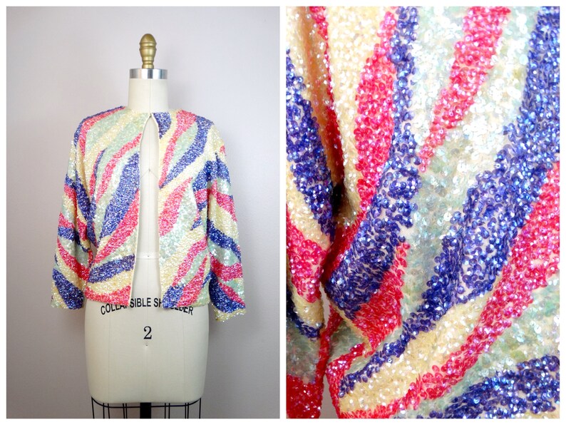 50s Sequin Embellished Cardigan / 1950s 1960s Iridescent Pink Purple and Yellow Pastel Sequined Vintage Sweater Jacket Shrug image 1