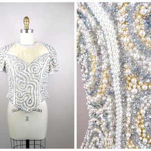 VTG Pearl Beaded Sequin Crop Top / Vintage Couture Fully Embellished Bridal Wedding Top / Iridescent Ivory Sequined Top