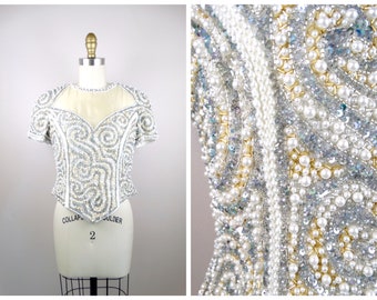 VTG Pearl Beaded Sequin Crop Top / Vintage Couture Fully Embellished Bridal Wedding Top / Iridescent Ivory Sequined Top