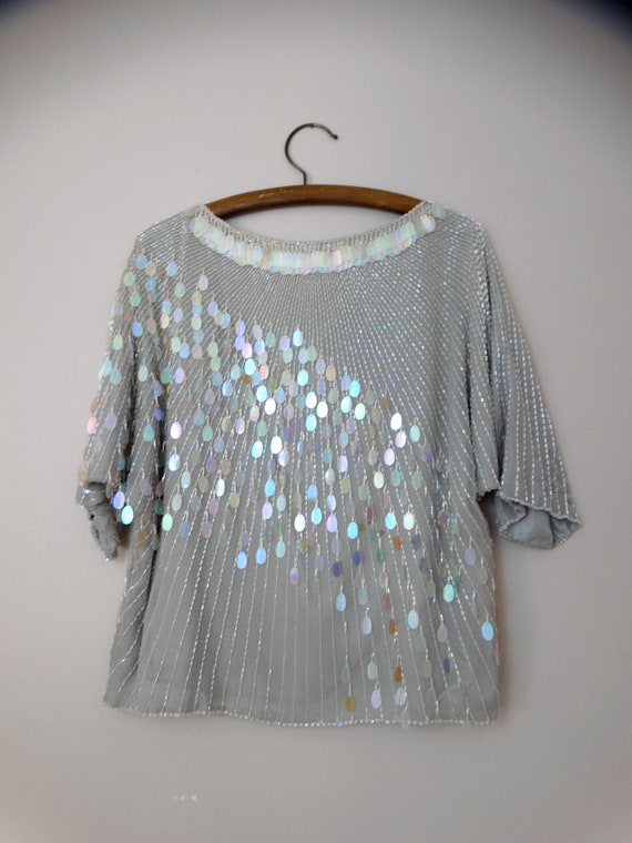 L/XL Iridescent Clear Sequin Top / Boho Glam Gray… - image 3