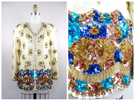 S/M Beaded Sequined Top // Ivory Sequined Gold Bea