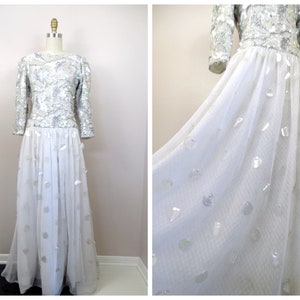 70s 80s Paillette Sequined Ball Gown // Retro 1970&#39;s 1980&#39;s Vintage Iridescent Gray and Silver Embellished Maxi Dress